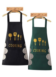 Buy Apron, SYOSI 2 Pack Unisex Bib Apron with Hand Towel, Waterproof and Oil Proof Thickened Cooking Aprons 1 Pocket for Kitchen Baking Household Cleaning, Black Green in UAE