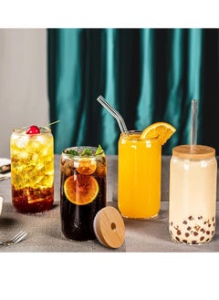 Buy Tycom Drinking Glasses with Bamboo Lids and Glass Straw, 500ml Beer Can Shaped Glass Cups, Tumbler Cup Ideal For Beer, Tea, Soda, Iced Coffee (4pc, 500ml) in UAE