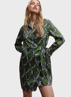 Buy Tie Detail Printed Collar Neck Dress in UAE
