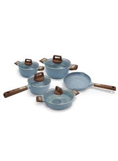 Buy Modern Design Granite Cooking Pots And Pans With Lid Set Of 9 Pieces Blue/Wooden in Saudi Arabia
