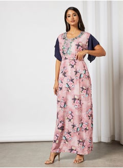 Buy Floral Jalabiya With Embroidery In Short Sleeves With Belt in Saudi Arabia