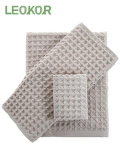 اشتري 3 Sizes Towel Set Quick Dry Ultra Soft Light Weight and Absorbent Waffle Towel Light Grey في السعودية