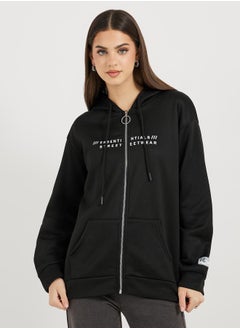 Buy Slogan Print Zip Up Hooded Sweatshirt in Saudi Arabia