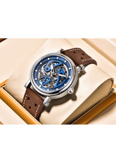 Buy Luxury Automatic Men's Watches 50M Waterproof Skeleton Wrist Watch with Stainless Steel Case Leather Watchband,Blue in UAE