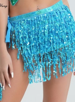 Buy Sequin Fringe Waist Chain Skirt Sparkly Belly Dance Tassel Waist Wrap Belt Skirts Party Rave Costume Lake Blue in UAE