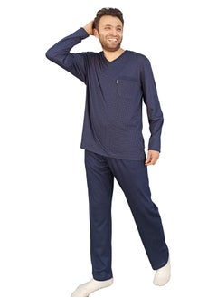 Buy Men Summer Pajama Set Printed Top & Plain Bottom - Navy Blue in Egypt