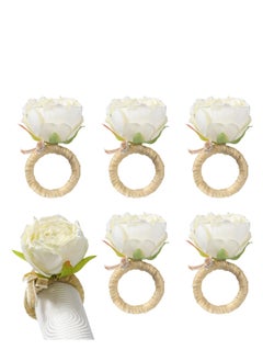 اشتري Napkin Rings, Set of 6 White Flower Napkin Holders Dinner Tables Rings, Made of Fabric Flowers and Hemp Rope Construction for Wedding, Party, Christmas, Holiday, Thanksgiving, Cream White Rose في الامارات