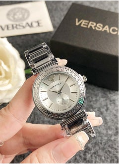 Buy Versace Women's Cubic Zirconia Classic Fashionable Round Quartz Watch, Comes with Silver Stainless Steel Strap and 32mm dial Gift in UAE