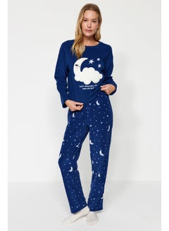 Buy Navy Blue Galaxy Pattern Fleece Tshirt-Pants and Knitted Pajamas Set THMAW24PT00027 in Egypt