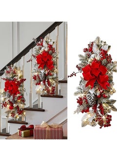 Buy Prelit Christmas Swag Wreath, 23.6in Cordless Stairs Artificial Christmas Garland with String Light Wall Door Window Hanging Teardrop Swag Bowknot Hanging Ornaments Red in UAE