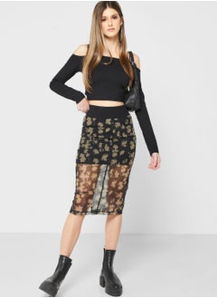 Buy Floral Print Mesh Detail Skirt in Saudi Arabia