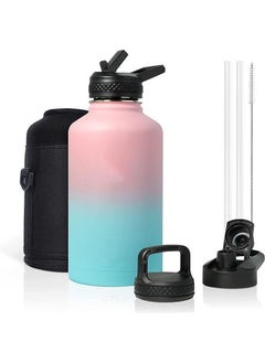 اشتري Insulated Water Bottle 64 oz, 1/2 Gallon Vacuum Stainless Steel Sports Water Jug Flask with Straw Lids, Leak Proof Wide Mouth BPA-free Reusable Double Walled Thermos Mug for Outdoor Biking في السعودية