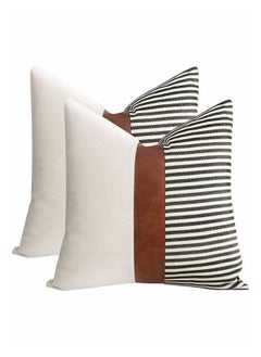 Buy Modern Geometric Decorative Throw Pillow Covers Home Cushion Covers Set of 2 Farmhouse Decor Stripe Patchwork Linen Throw Pillow Covers, Tan Faux Leather Accent Pillow Covers 18x18 inch in Saudi Arabia