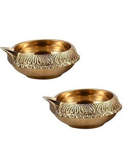 Buy Handmade Set of 2 Indian Puja Brass Oil Lamp Golden Diya Lamp Engraved Design Dia in UAE