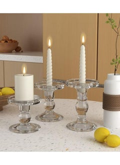 اشتري 3pc Clear Glass Candlestick Holders Set for Taper Candles Pillar Candles Tealight Candles Candle Holder Wedding, Dinning and Decoration Fit 0.9 to 2.8 inch Premium Multipurpose Candles في السعودية