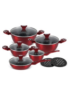 Buy EDENBERG 12-piece Red Diamond Design Cookware Set | Stove Top Cooking Pot| Cast Iron Deep Pot| Butter Pot| Chamber Pot with Lid in UAE