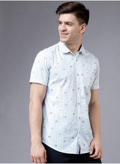 Buy Striped All Over Print Slim Fit Shirt with Short Sleeves in Saudi Arabia