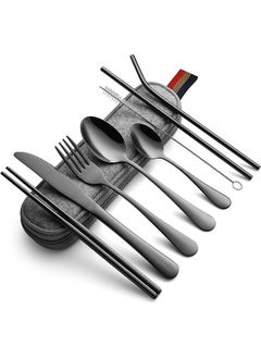 Buy Portable Utensils, Travel Camping Cutlery Set, 9-Piece Including Knife Fork Spoon Chopsticks Cleaning Brush Straws Portable Case, Stainless Steel Flatware Set(Black) in Saudi Arabia