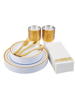 Buy Disposable Dinnerware Set, 175PCS Party Supplies 25 Rim Plastic Plates 25 Plastic Silverware 25 Plastic Cups 25 Linen Paper Napkins for Wedding Anniversary Graduation Birthday(Gold) in UAE