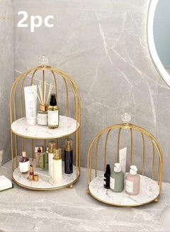 اشتري 2-Piece Metal Desktop Makeup Organizer Box Storage Box For Bathroom Home Storage White Golden في الامارات