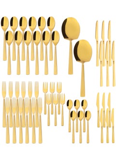 اشتري 50 Pieces Cutlery Set for 12 Person,Pure Stainless Steel,Mirror Polished Set Include Spoon/Tea Spoon/Fork/Cake Fork/Dinner Knife/Fruit Knife/Rice Server (SHINE GOLD & SAND BLASTING HANDLE) في الامارات