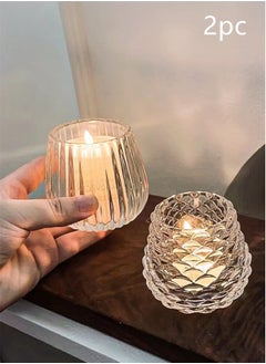 Buy 2-Piece Tea Light Candle Holder Decorative Candle Night Light Prop Glass Clear in UAE