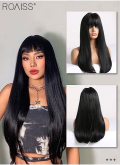 Buy Long Straight Black Wig with Bangs for Women, Natural Soft Synthetic Heat Resistant Fiber Hair Wig for Wedding Cosplay Party Daily Wear, 70CM in Saudi Arabia