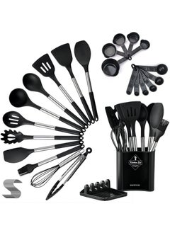 Buy Kitchen Cooking Utensils Set 34 Pcs Silicone Kitchen Gadgets Tools Set with Holder for Non-stick Cookware Heat-resistant Silicone Spatula Tools Set with Stainless Steel Handle (Black) in UAE