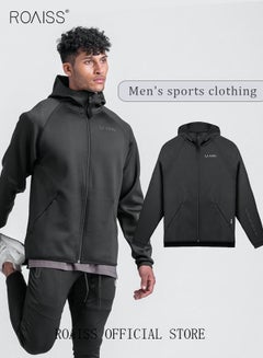 اشتري Men's Zipper Up Hooded Sweatshirt with Pockets Fall Winter Clothing for Men Sports Sweater Activewear Outerwear Loose Jacket Plus Size Solid Color Printed Cardigan Coat Black في الامارات
