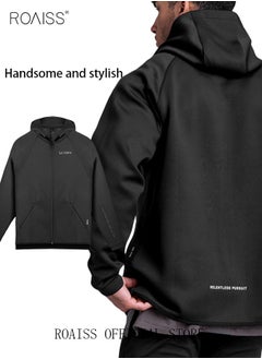 اشتري Men's Zipper Up Hooded Sweatshirt with Pockets Fall Winter Clothing for Men Sports Sweater Activewear Outerwear Loose Jacket Plus Size Solid Color Printed Cardigan Coat Black في السعودية