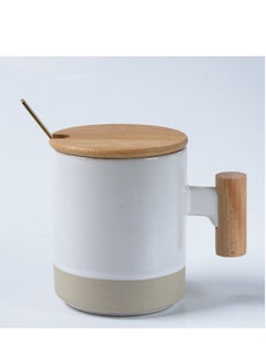 Buy Ceramic coffee mug with wooden lid, gift mug White in UAE