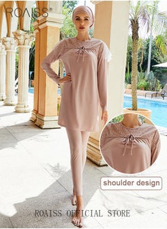 Buy 3 Pieces Muslim Fashion Ladies Swimwear Islamic Slim Three-piece Swimsuit Elasticity Sun Protection Fully Covered Burkini Arab Modest Swimming Clothes for Women in Saudi Arabia