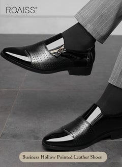 Buy Men's Business Breathable Perforated Leather Shoes Fashion Versatile Pointed Formal Flat Shoes Side Zipper Patent Leather Anti Slip Leather Shoes in UAE
