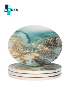 Buy Set of 4 Marble Pattern Coasters - Round Drink Absorbent Stone Coasters Set with Ceramic Stone and Cork Base Tabletop Protector for Various Cups (Blue) in UAE