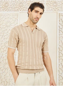 Buy Premium Cotton Ribbed Knit V Neck Relaxed Polo in Saudi Arabia