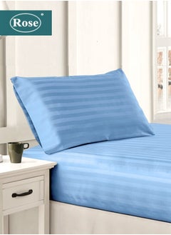 Buy Rose Luxurious Hotel Stripe Fitted Sheet with Deep Pockets and Pillow Case, Bed Sheet 2-Pieces Set, Soft & Silky Microfiber Fabric, Breathable and Cooling (Extra Twin Size 120X200+35 cm -Blue) in Saudi Arabia