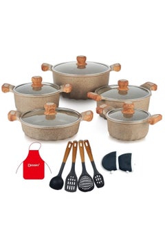 Buy 17-Pieces Granite Coated Cookware Set Includes 20, 24, 28 and 32cm Casserole Pot with Lid, 32cm Shallow Casserole with Lid and 7 Pieces Cooking Tools in UAE