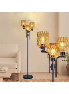 Buy Floor Lamps for Living Room,3 Lights Rattan Standing Tall Lamp with Foot Switch,360°Rotation Black Modern Woven Standing Floor Lamp for Bedroom Office in UAE