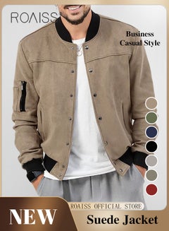 Buy Casual Suede Snap Button Bomber Jackets for Men Slim Fit Long Sleeve Coat with Pocket Vintage American Style Jacket with Stand Collar in UAE