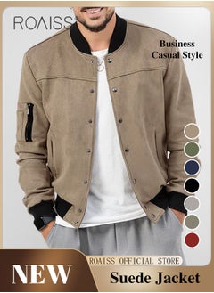 Buy Casual Suede Snap Button Bomber Jackets for Men Slim Fit Long Sleeve Coat with Pocket Vintage American Style Jacket with Stand Collar in UAE