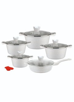 Buy 12-piece Marble Cookware Set Aluminum Pots And Pans With Non-stick Surface Glass Lids PFOA-free White 20-24-28-32 Cm (deep Stockpot) + 28 Cm (deep Frying Pan) + Pair Of Gloves in UAE