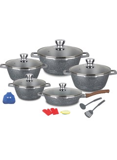 Buy Nonstick Cookware Set Granite Wok Pots and Pans with Glass Lids Marble Coated Aluminum Household Kitchenware Cooking Pots with Pans Frying Pans Stock Pots 16 Pieces (Grey) in UAE