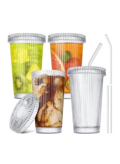 Buy Iced Coffee Cups , Ribbed Glassware with Lids and Straws, Drinking Glasses Set of 4, Vintage Glassware Glasses 14oz for Iced Coffee in UAE