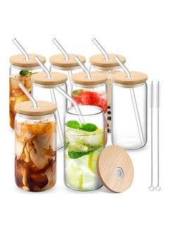 اشتري Drinking Glasses with Bamboo Lids and Glass Straw 8pcs Set for Whiskey, Soda, Tea, Great Gift + 2 Cleaning Brushes. في الامارات