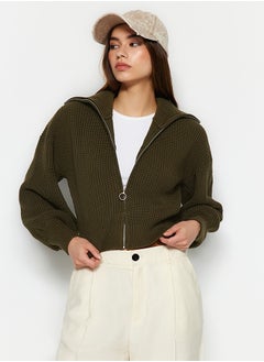 Buy Khaki Crop Zippered Knitwear Cardigan TWOAW23HI00373 in Egypt