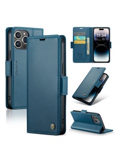 Buy Flip Wallet Case For Apple iPhone 14 Pro Max, [RFID Blocking] PU Leather Wallet Flip Folio Case with Card Holder Kickstand Shockproof Phone Cover (Blue) in UAE