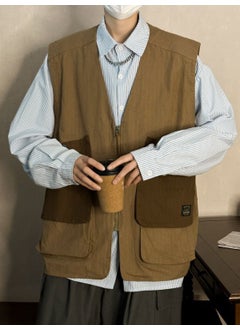 Buy Japanese Style Mens Vest Spring Retro Casual Sleeveless JacketKhaki Khaki in UAE