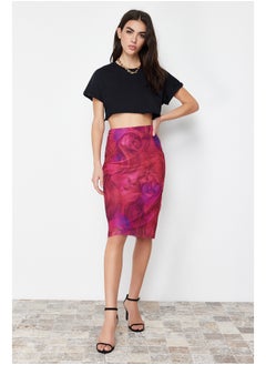 Buy Premium Fuchsia Printed Tulle High Waist Lined Midi Knitted Skirt TWOSS23ET00206 in Egypt