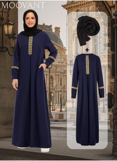 اشتري 2-Piece Women's Muslim Abaya Dress Long-Sleeved Dress Zipper Islamic Robe Pockets Maxi Prayer Clothes with Hijabs Blue في السعودية