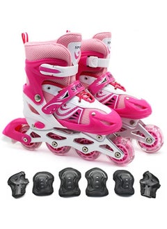 اشتري Inline Skates Adjustable Size Roller Skates with Flashing Wheels Children Skate Shoes Including Protective Gear (Knee Elbow Wrist) Pink Colour في الامارات